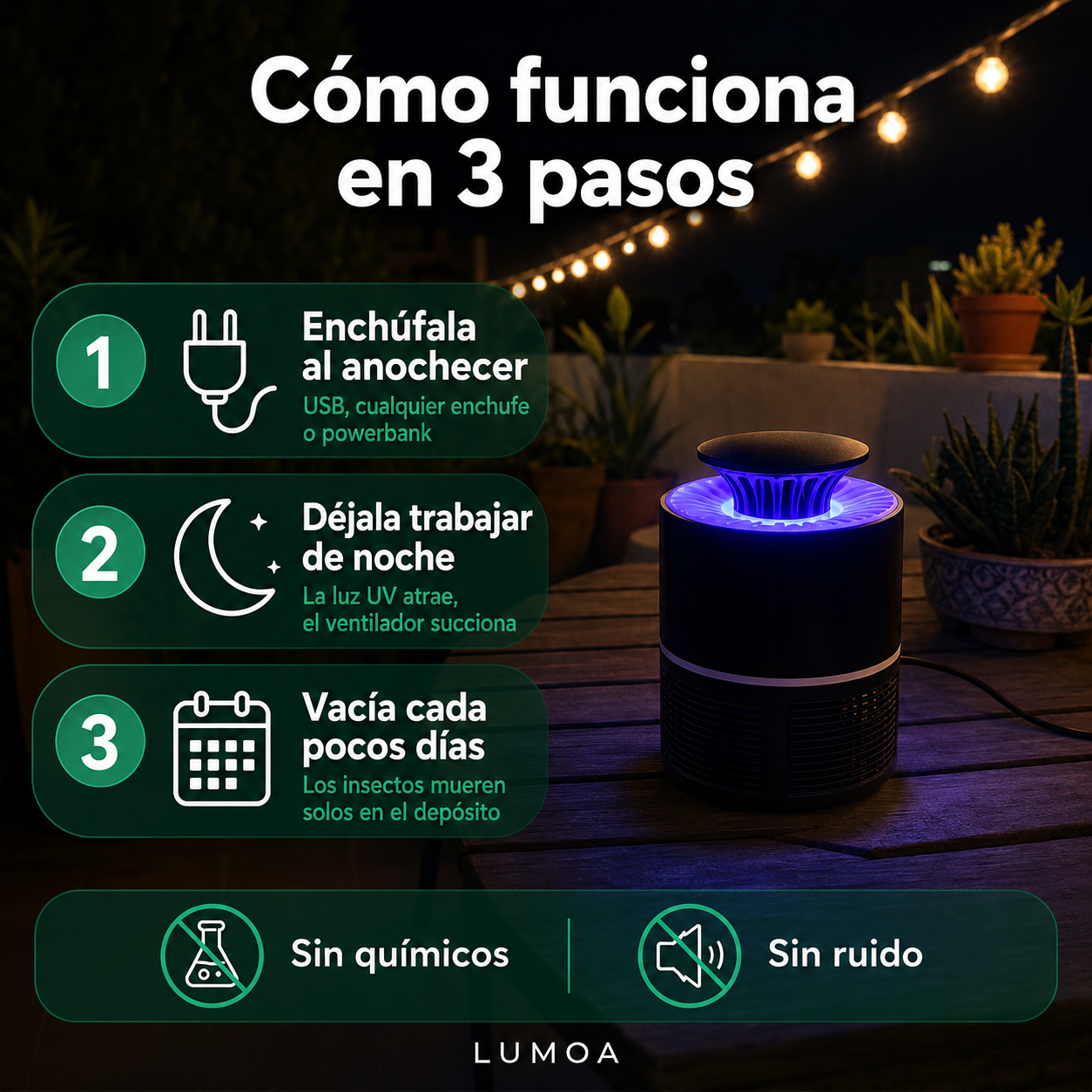 Lámpara Antimosquitos por Succión — Duerme sin que te piquen. Esta noche.